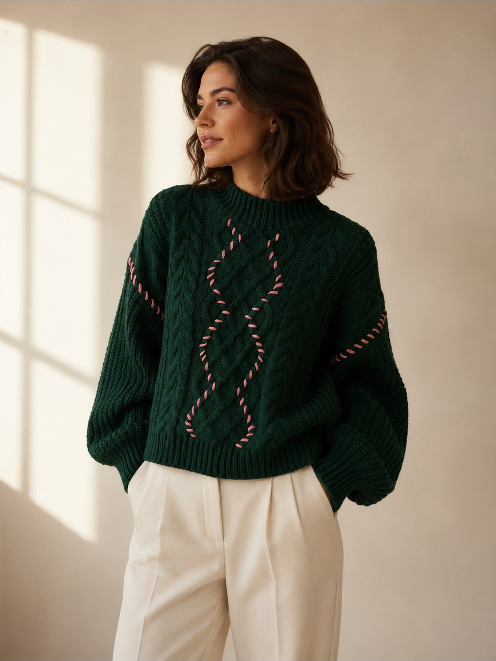 Altar’d State Emerald Green Cable Knit Sweater Pink Whipstitch Mock Neck Size M